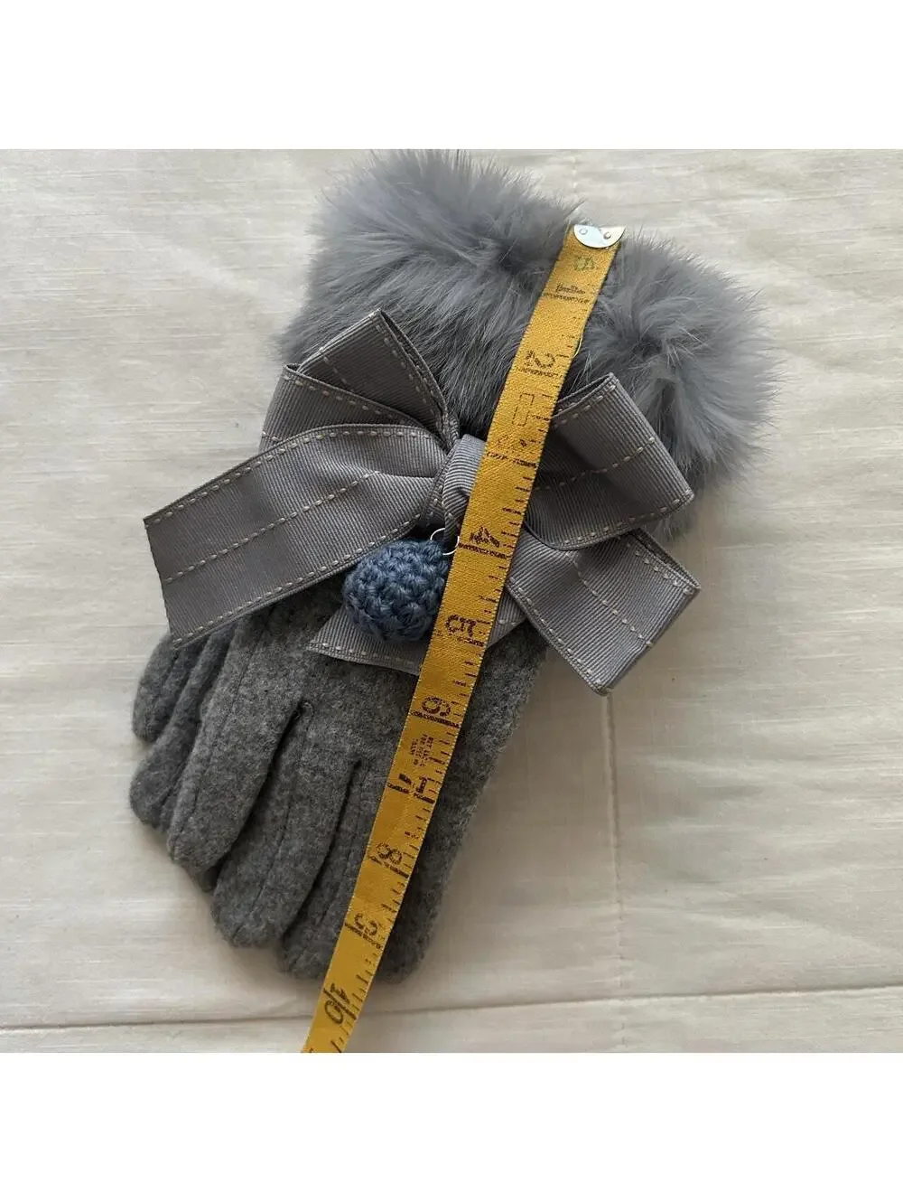 Grey Faux Fur Bow Detail Gloves Coquette Himekaji Winter Accessories